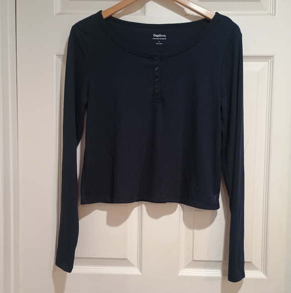 Women's GapBody Basic Ribbed Navy Long Sleeve Ribbed Henley Size Large - Picture 2 of 7